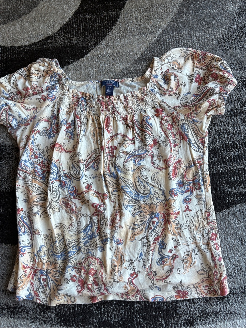 Chaps Cream Paisley Smocked Neck Cotton Short Sleeve Top Size S
